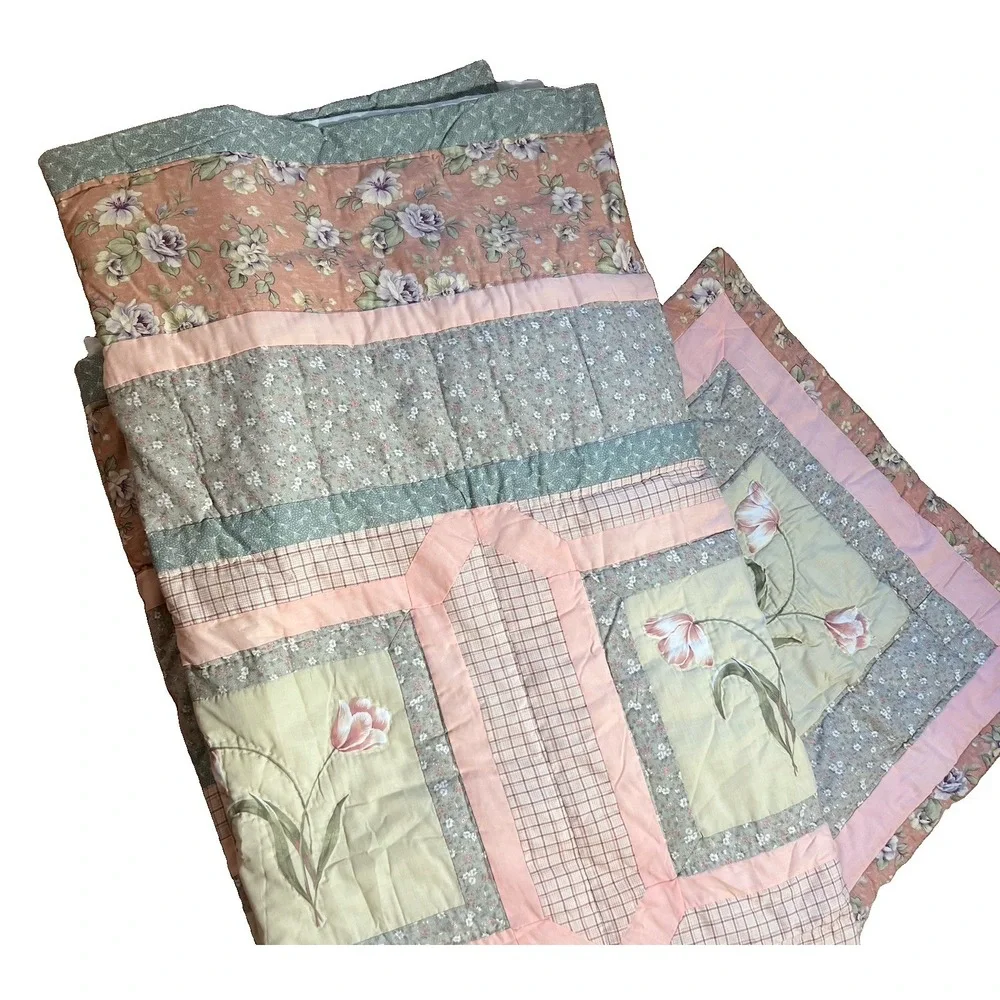 Vintage Sunham Queen Comforter Shams Tulip Floral Patchwork Sage Pink Cottage